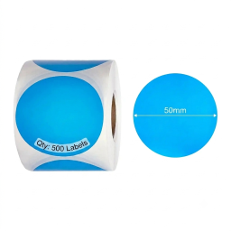 50mm blue round Polypropylene (water proof, tear proof and oil proof) thermal labels 500/roll